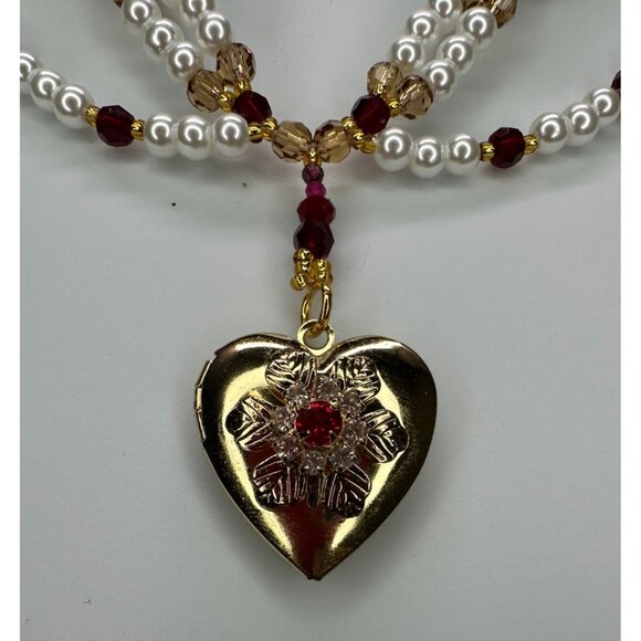 Handcrafted Heart Locket Pearl Ruby Garnet Natural/Glass Beaded Necklace - Picture 2 of 6